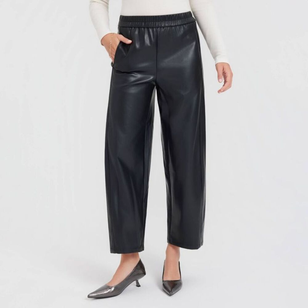 Women's Mid-Rise Barrel Leg Faux Leather Pull-On Pants - A New Day Black L